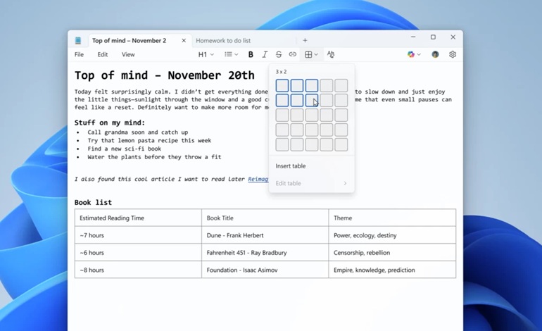 اضافه شدن قابلیت جدول به Notepad در ویندوز 11