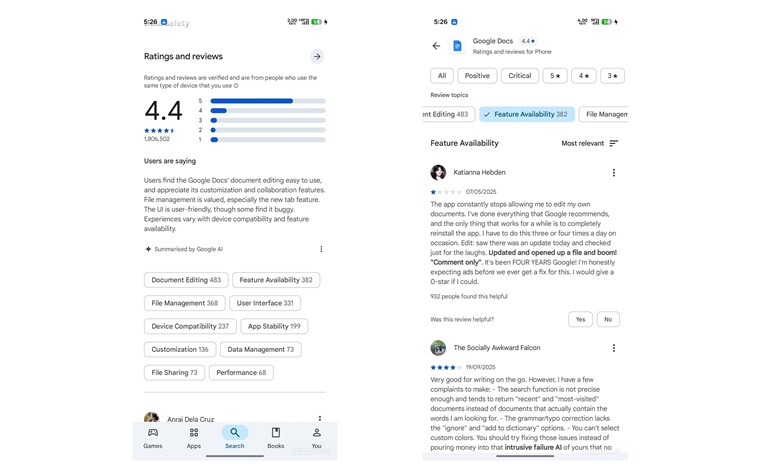 گوگل پلی استور اکنون خلاصه نظرات برپایه هوش مصنوعی را ارائه میدهد
