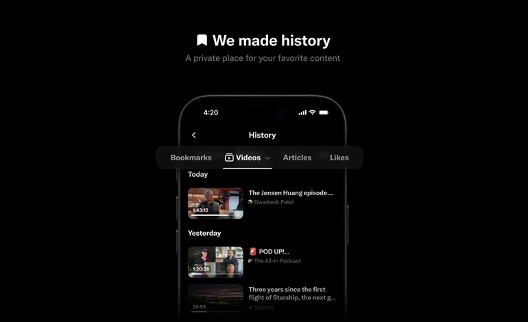 ایکس از تب History برای بوکمارک ها، لایک‌ها، ویدیوها و مقاله‌ها رونمایی کرد