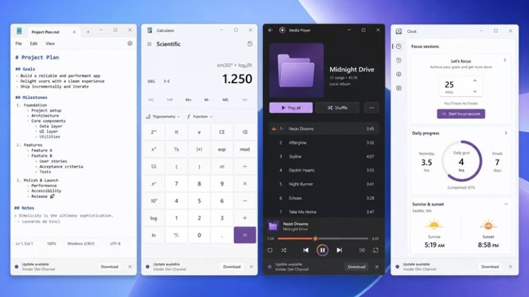 مایکروسافت آپدیت های جدیدی را برای Notepad، Calculator، Media Player و Clock منتشر می‌کند