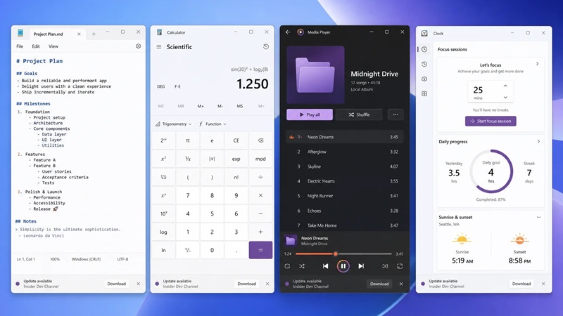 مایکروسافت آپدیت های جدیدی را برای Notepad، Calculator، Media Player و Clock منتشر می‌کند