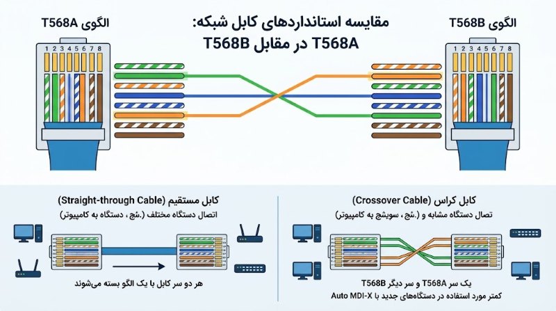 استانداردهای T568A و T568B چه تفاوتی دارند؟